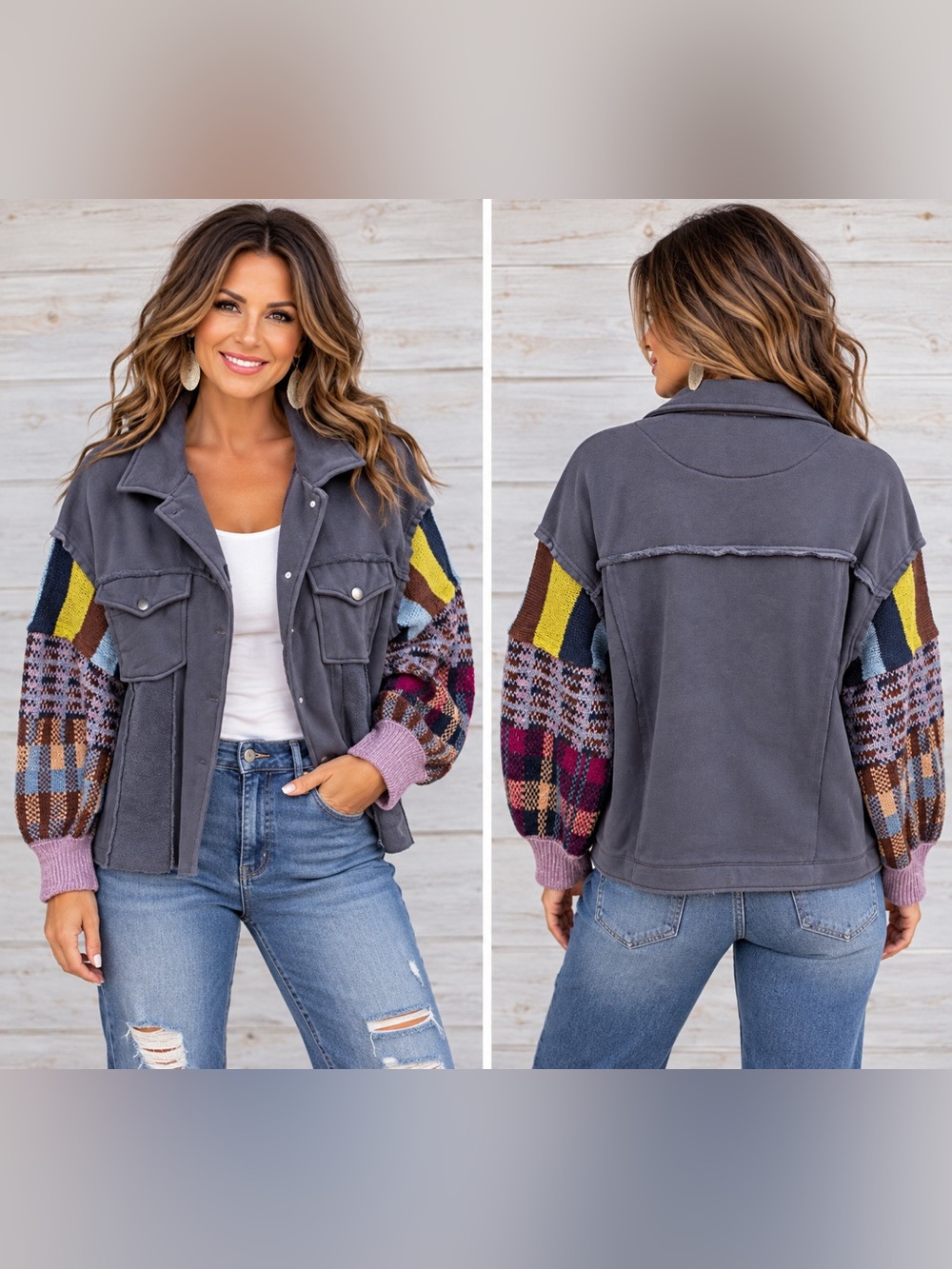 easel Charcoal Utility Jacket with Multi-Color Knit Sleeves